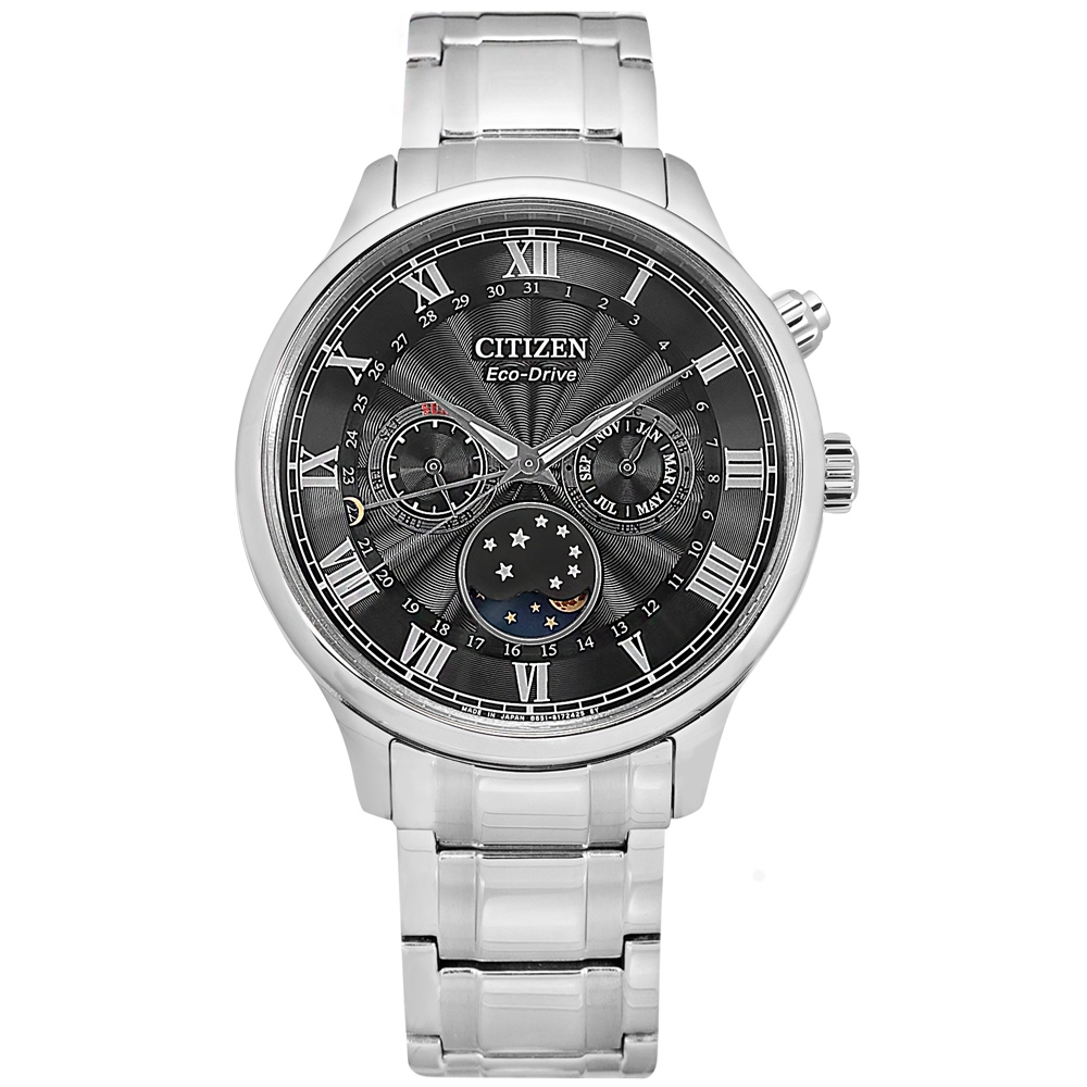 CITIZEN 光動能 月相錶 羅馬刻度 不鏽鋼手錶-黑色/42mm