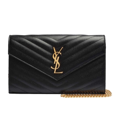 YSL MONOGRAM系列V字縫線魚子醬牛皮金屬LOGO金鍊斜肩/手拿包(黑)