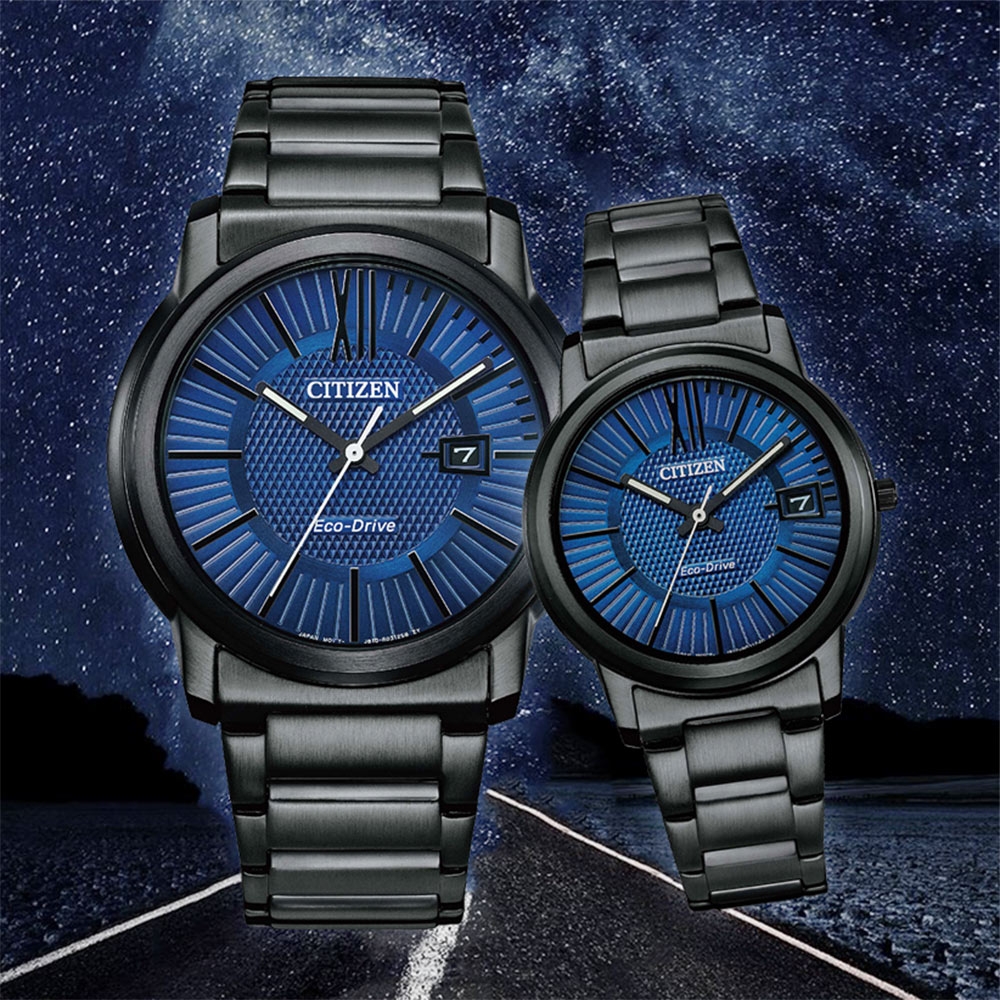 CITIZEN 星辰 光動能情侶手錶 對錶 送禮推薦-海軍藍 AW1217-83L+FE6017-85L