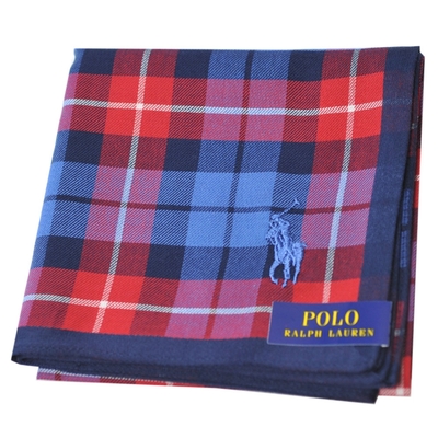 RALPH LAUREN POLO 經典蘇格蘭格品牌小馬刺繡LOGO圖騰帕領巾(深藍紅格)