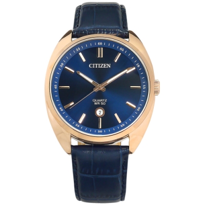 CITIZEN 簡約時尚 礦石強化玻璃 日期 真皮壓紋手錶 (BI5093-01L)-藍x鍍玫瑰金/42mm