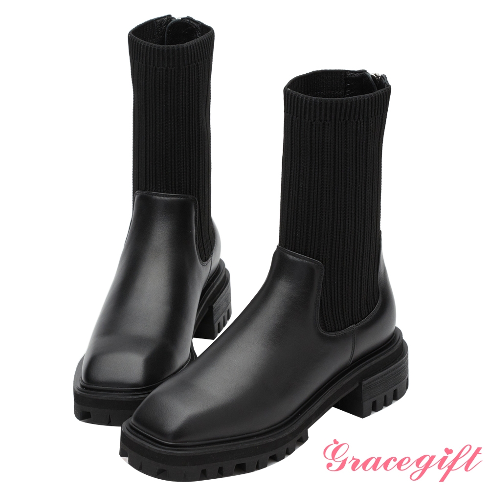 (時尚美靴)【Grace Gift】唐葳訂製-真皮方頭鋸齒厚底針織襪靴 黑
