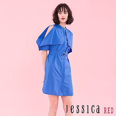JESSICA RED - 氣質露肩造型腰帶洋裝（藍）