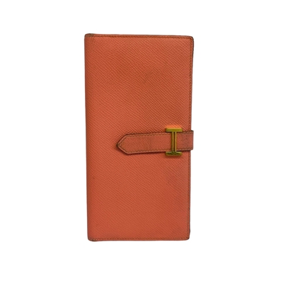 二手品 七五新HERMES 愛馬仕經典小牛皮Trifold Bearn Wallet 對折長夾(龍蝦粉/金扣)