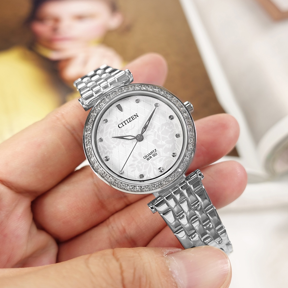 CITIZEN 花樣風采 耀眼晶鑽 礦石強化玻璃 不鏽鋼手錶-白色/ 30mm
