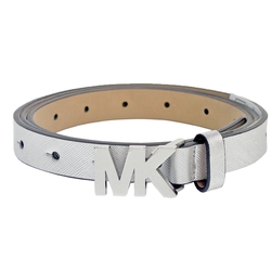 Michael Kors 女款MK釦頭素色皮革細版皮帶(銀色)-XL