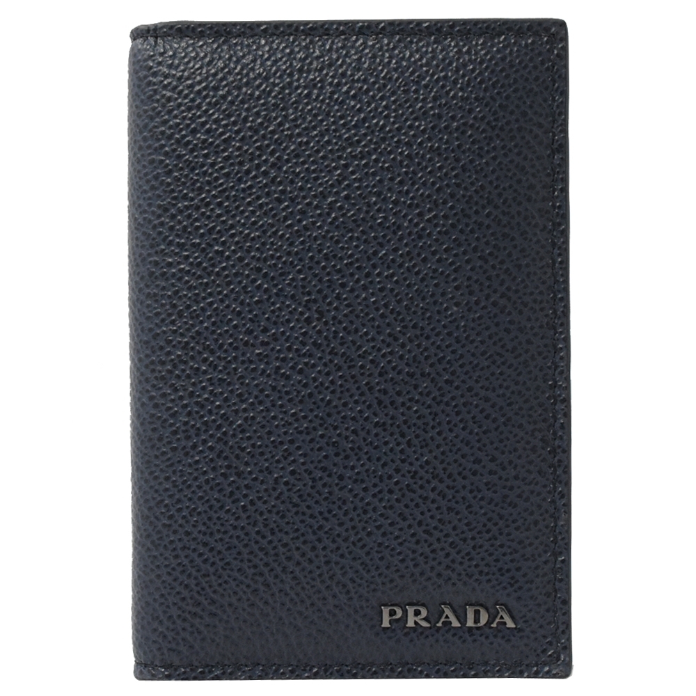 PRADA 金屬LOGO雙色牛皮透明夾對開卡片夾(深藍/黑)