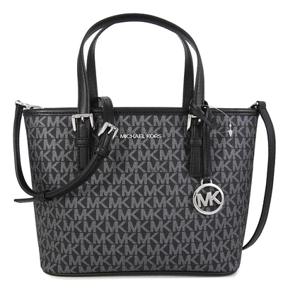 MICHAEL KORS Jet Set Travel 銀字大圓標Logo銀黑色防刮滿版MK小托特兩用包(展示品)