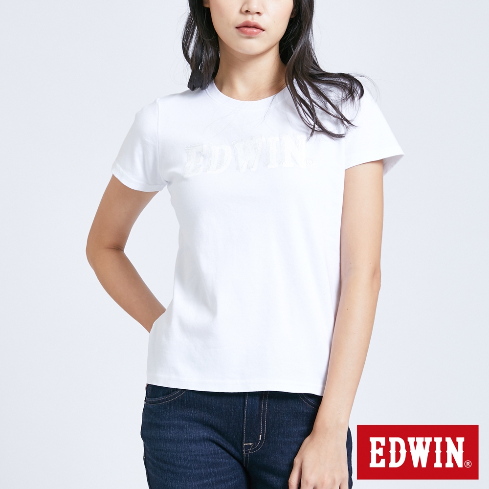 EDWIN 人氣復刻 印花夾層LOGO短袖T恤-女-白色