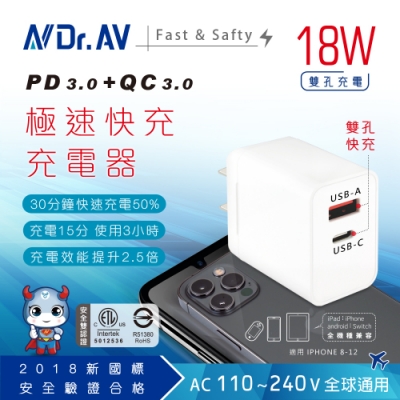【N Dr.AV聖岡科技】USB-18AC PD+QC 18W雙孔 極速快充充電器