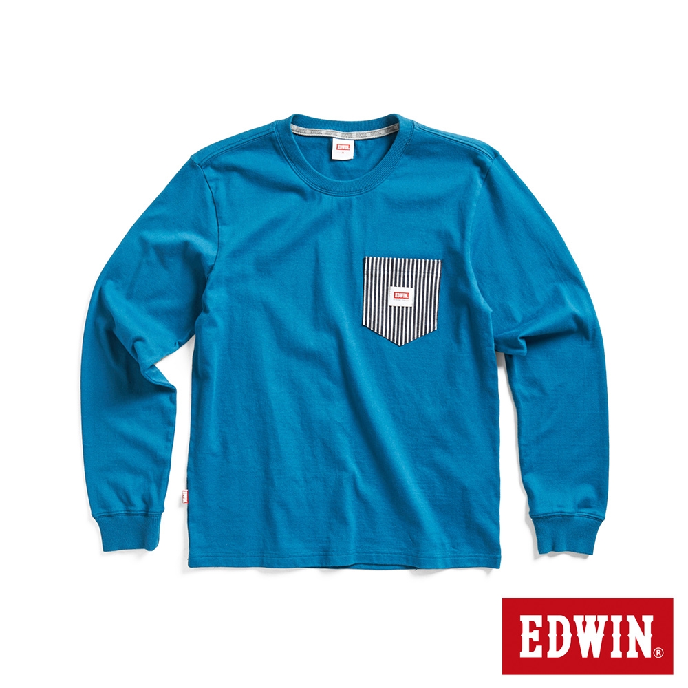 EDWIN 工裝直紋丹寧布拼貼口袋長袖T恤-男-土耳其藍