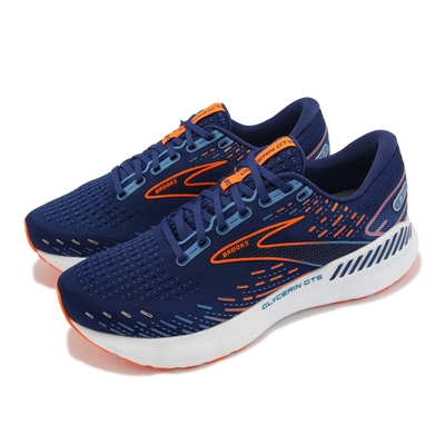 Brooks 慢跑鞋 Glycerin GTS 20 2E Wide 男鞋 寬楦 深藍 橘 甘油系列 運動鞋 1103832E444