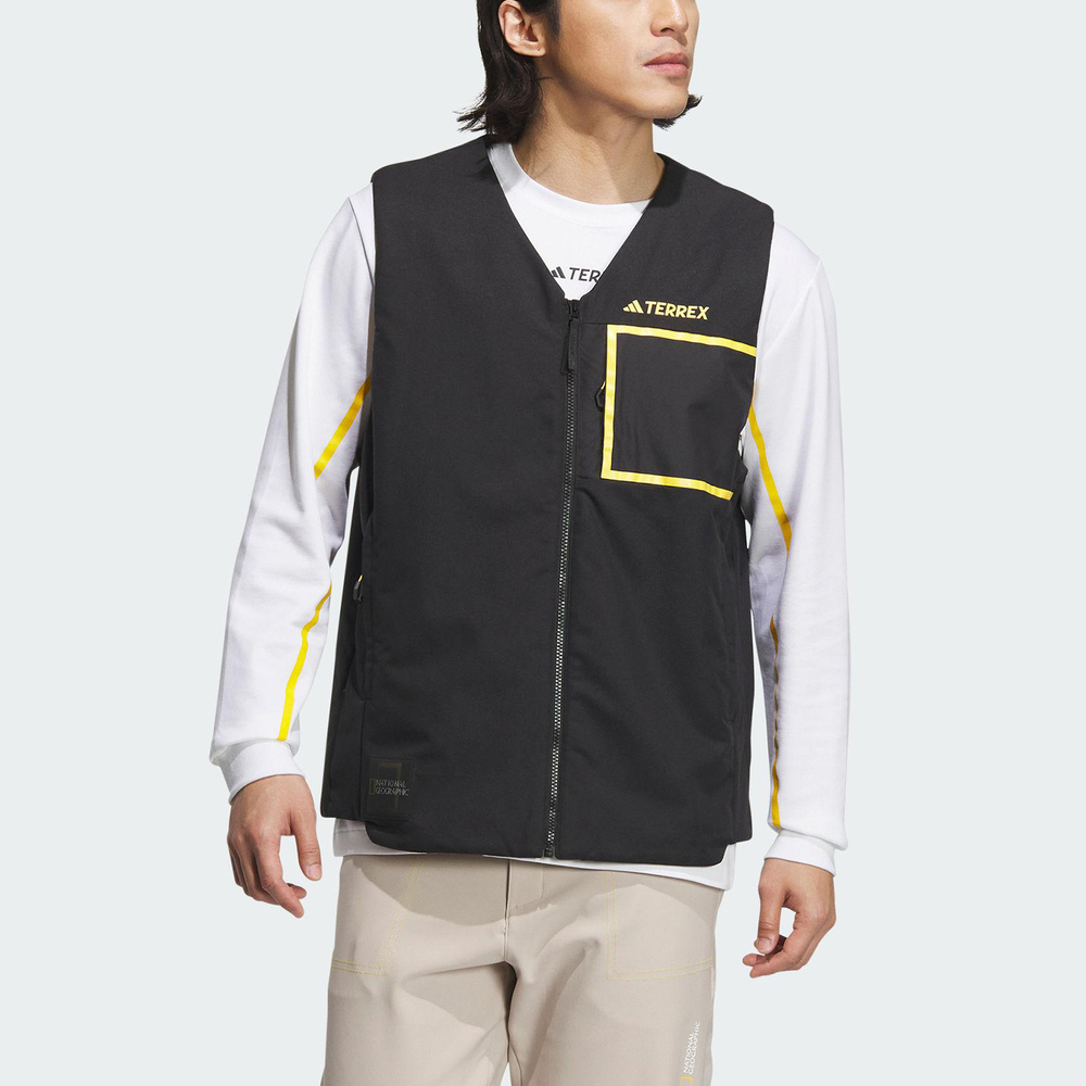 Adidas NAT.GEO Vest [IL8992] 男 運動 背心 亞洲版 戶外 防潑水 保暖 國家地理 黑黃