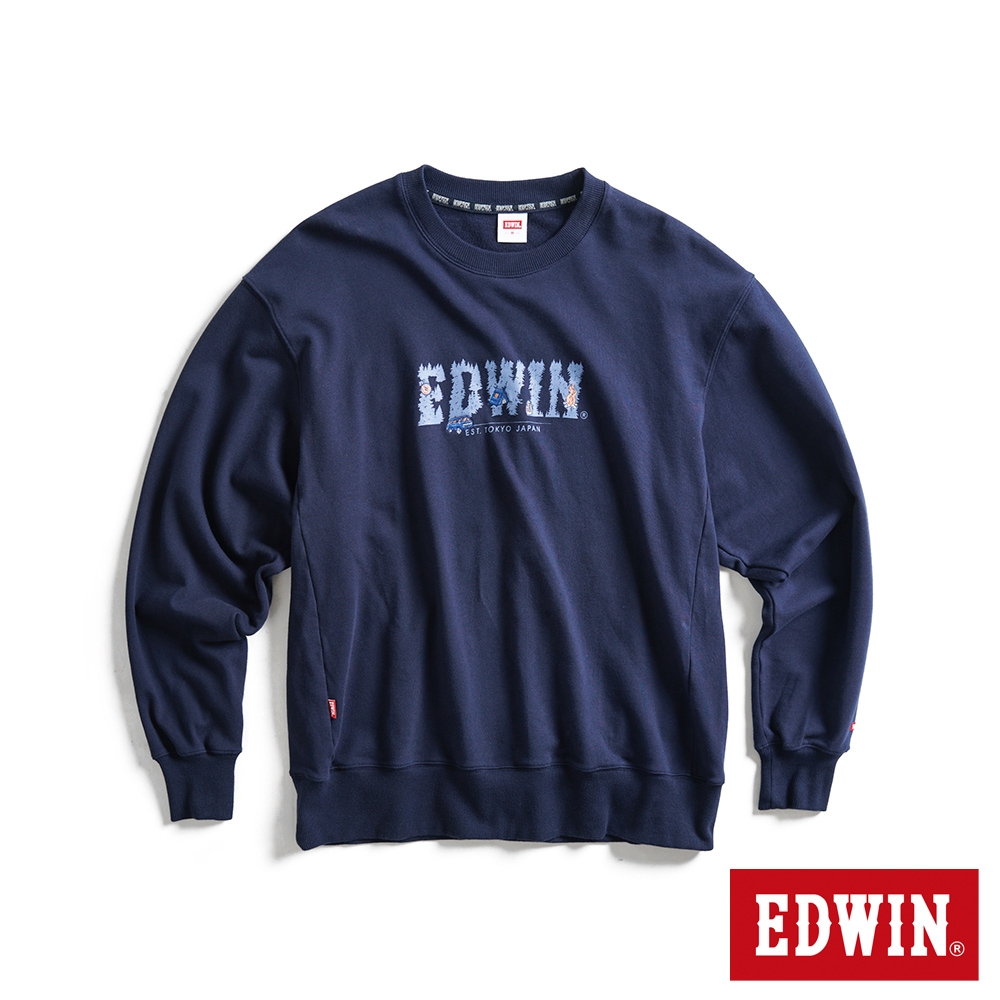 EDWIN 露營系列 森林LOGO寬版厚長袖T恤-男-丈青色