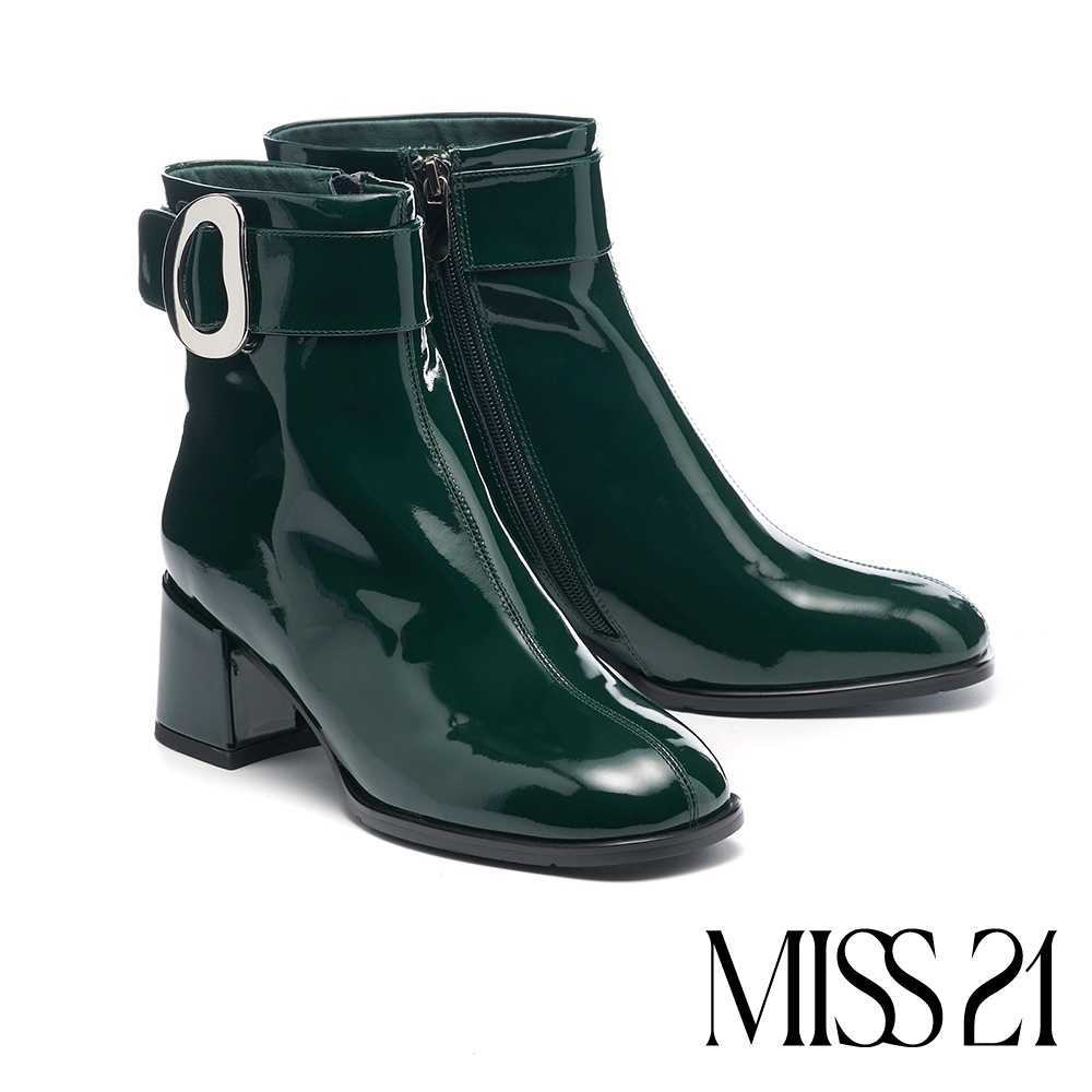 短靴 MISS 21 復古時髦扭曲大釦牛漆皮方頭高跟短靴－綠