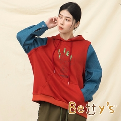 betty’s貝蒂思　印花拼接牛仔袖連帽T恤(紅色)