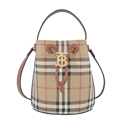 BURBERRY 巴寶莉 LolaTB金字LOGO格紋帆布束口水桶包(石楠木棕色)