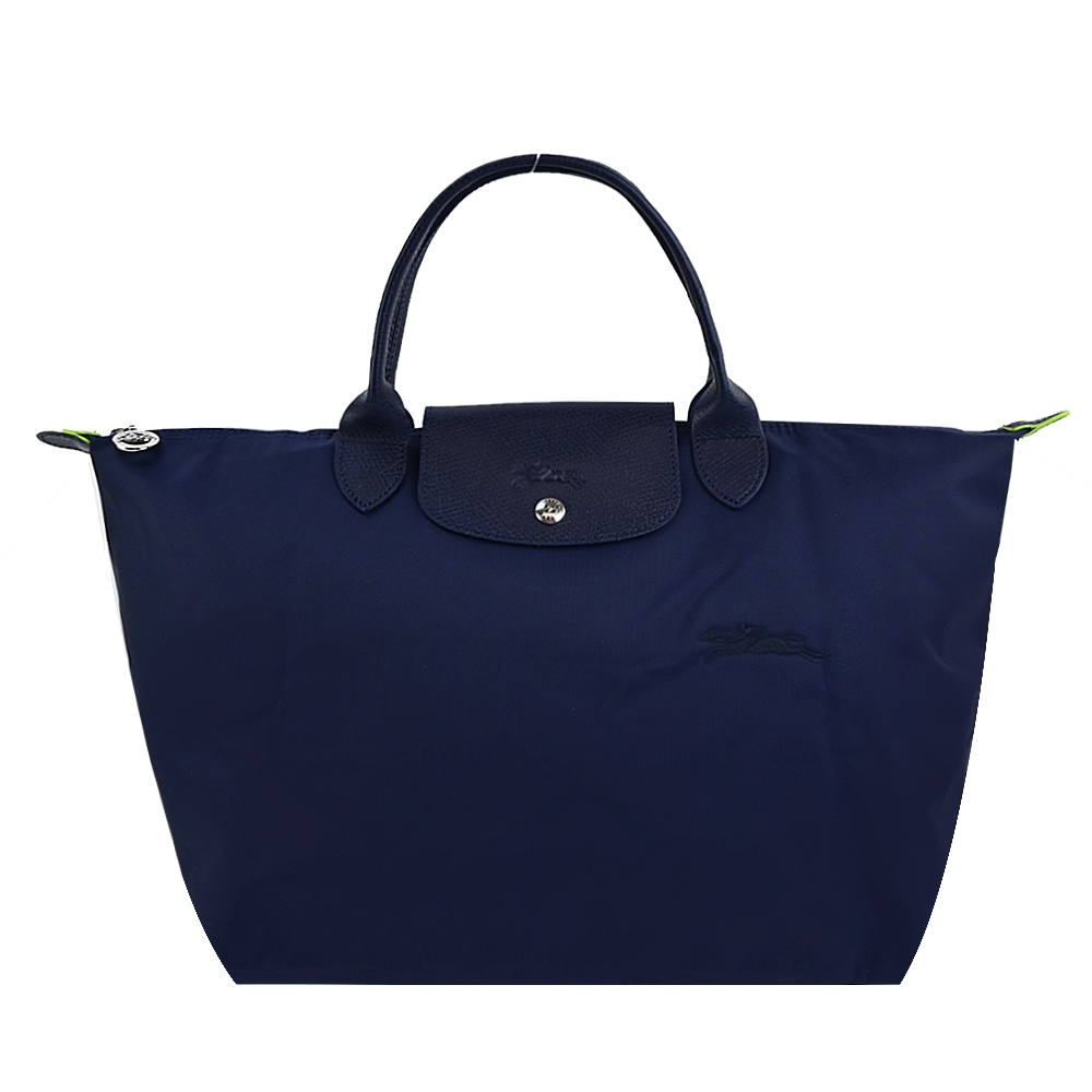 LONGCHAMP LE PLIAGE GREEN系列刺繡短把再生尼龍摺疊水餃包(中/海軍藍)