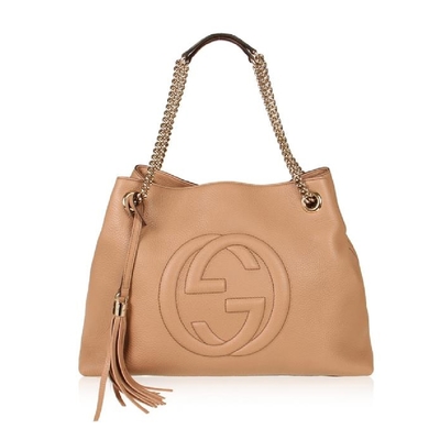 【GUCCI 古馳】536196 SOHO 大雙G LOGO流蘇雙鍊肩包 (膚色)