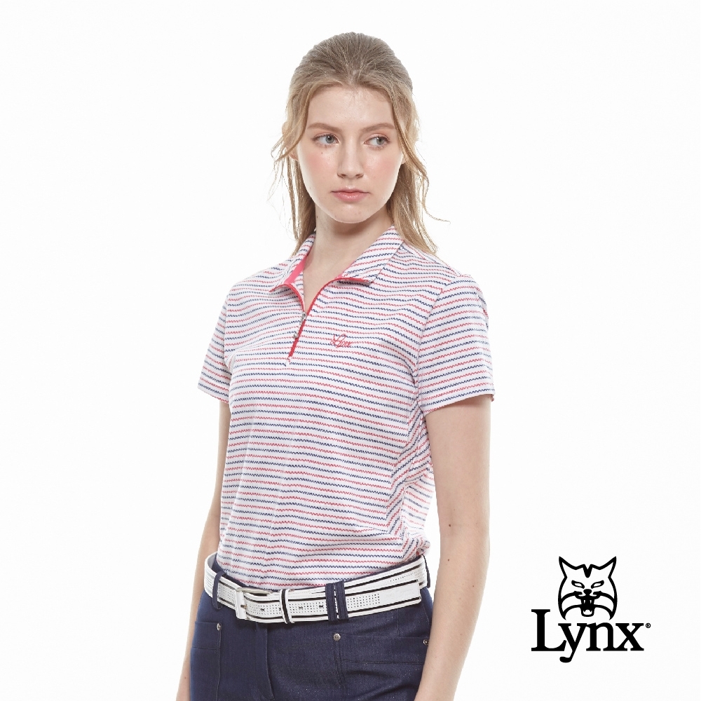 【Lynx Golf】女款純棉雙絲光緹花橫條點點短袖立領POLO衫-桃紅色