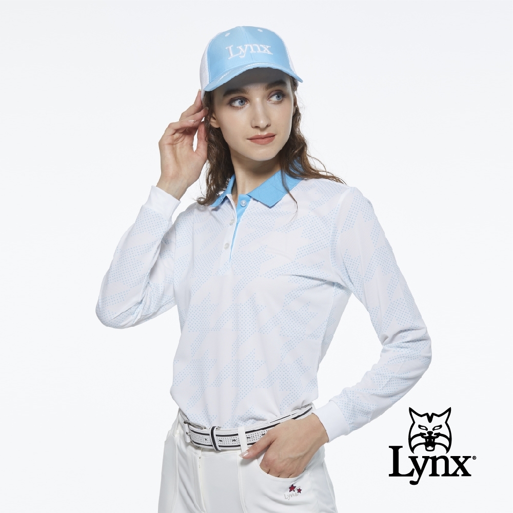 【Lynx Golf】女款吸汗速乾網眼材質滿版幾何圖形長袖上衣-白色