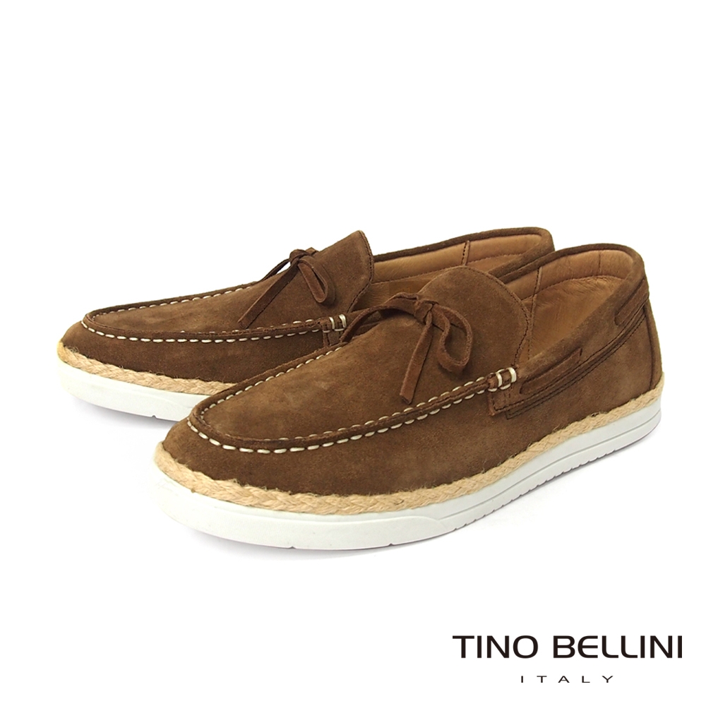 TINO BELLINI 男款 牛皮草編拼接休閒帆船鞋-棕