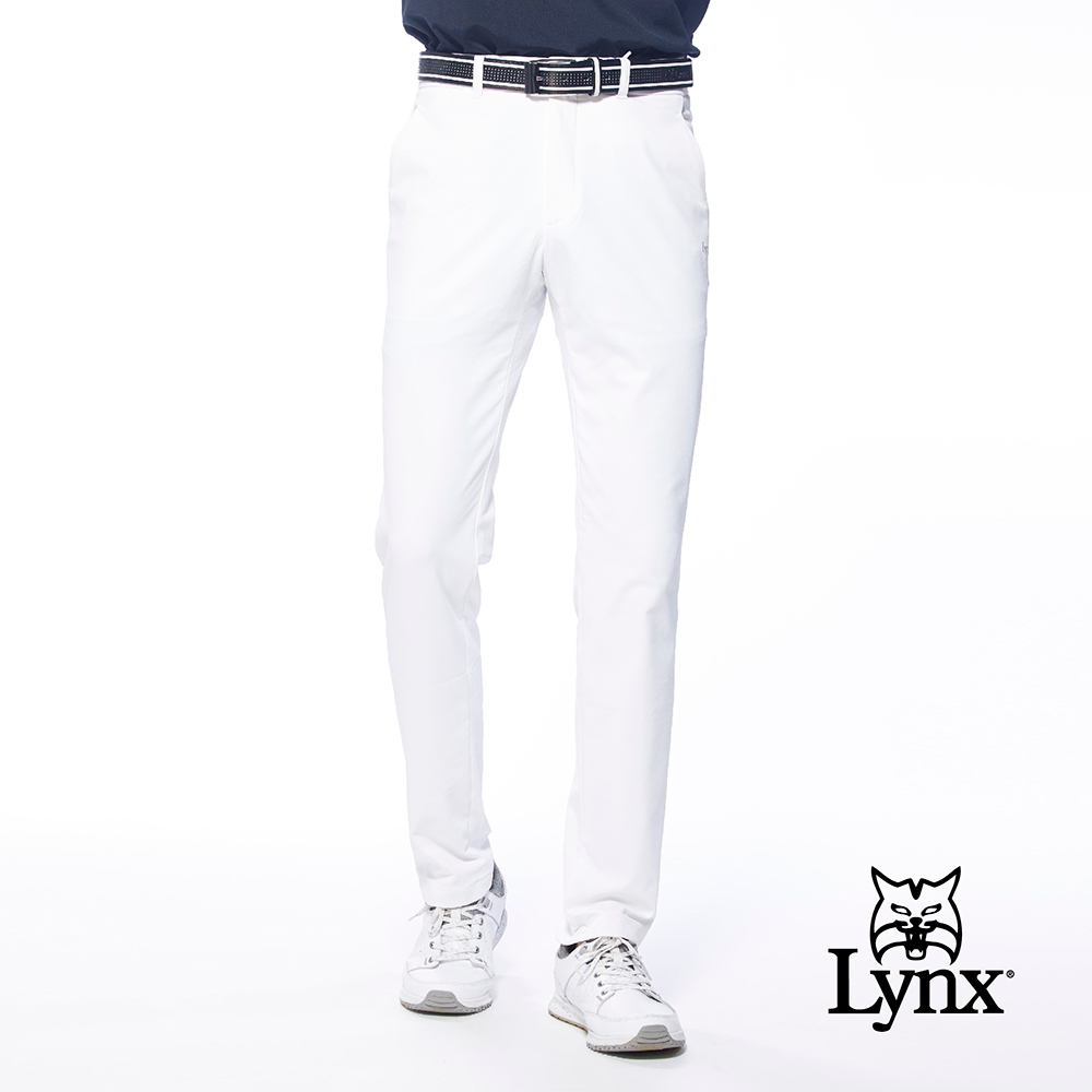 【Lynx Golf】korea男款素面款LXG字樣造型袋蓋設計平口休閒長褲-白色