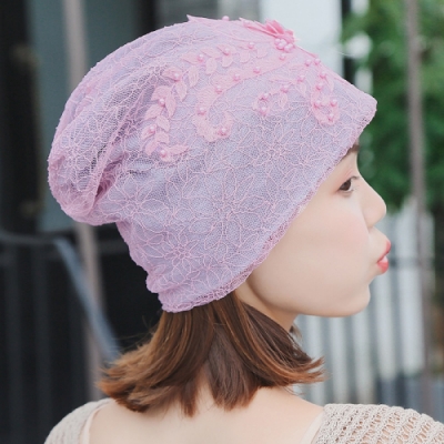 【89 zone】法式薄款透氣蕾絲套頭防風/頭巾帽(粉色)
