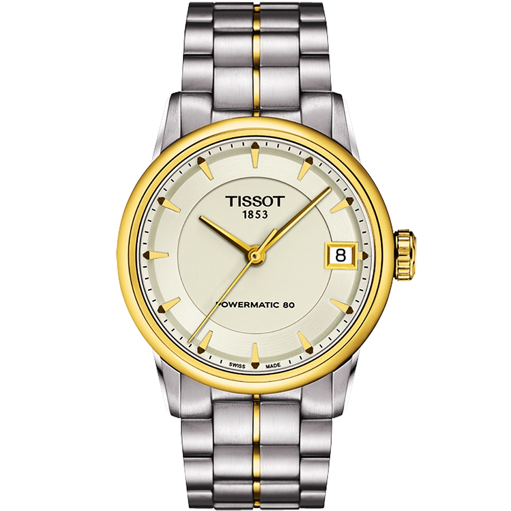 TISSOT 天梭 官方授權 T-Classic Luxury 機械腕錶 母親節禮物-象牙白x金框/33mm T0862072226100