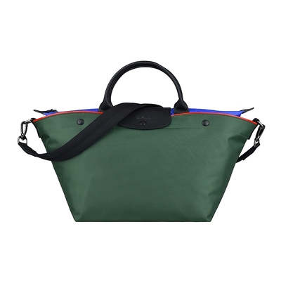 LONGCHAMP LE PLIAGE壓印LOGO尼龍雙層設計短把拉練手提斜背水餃包(中/綠x藍)