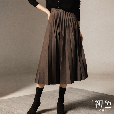 初色 素色休閒高腰百摺半身裙-咖啡色-66718(M-XL可選)