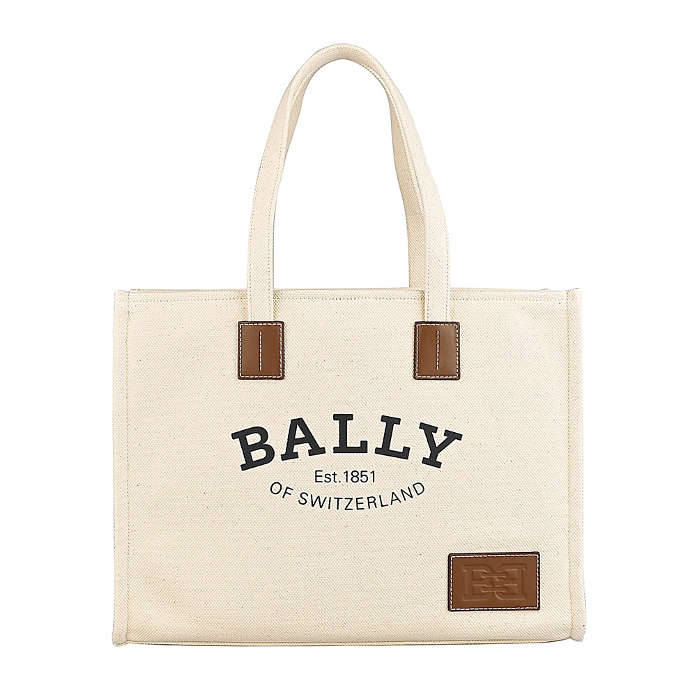 BALLY Crystalia英文印字LOGO柔軟帆布B字皮標設計吸釦肩背托特包(大/自然白)