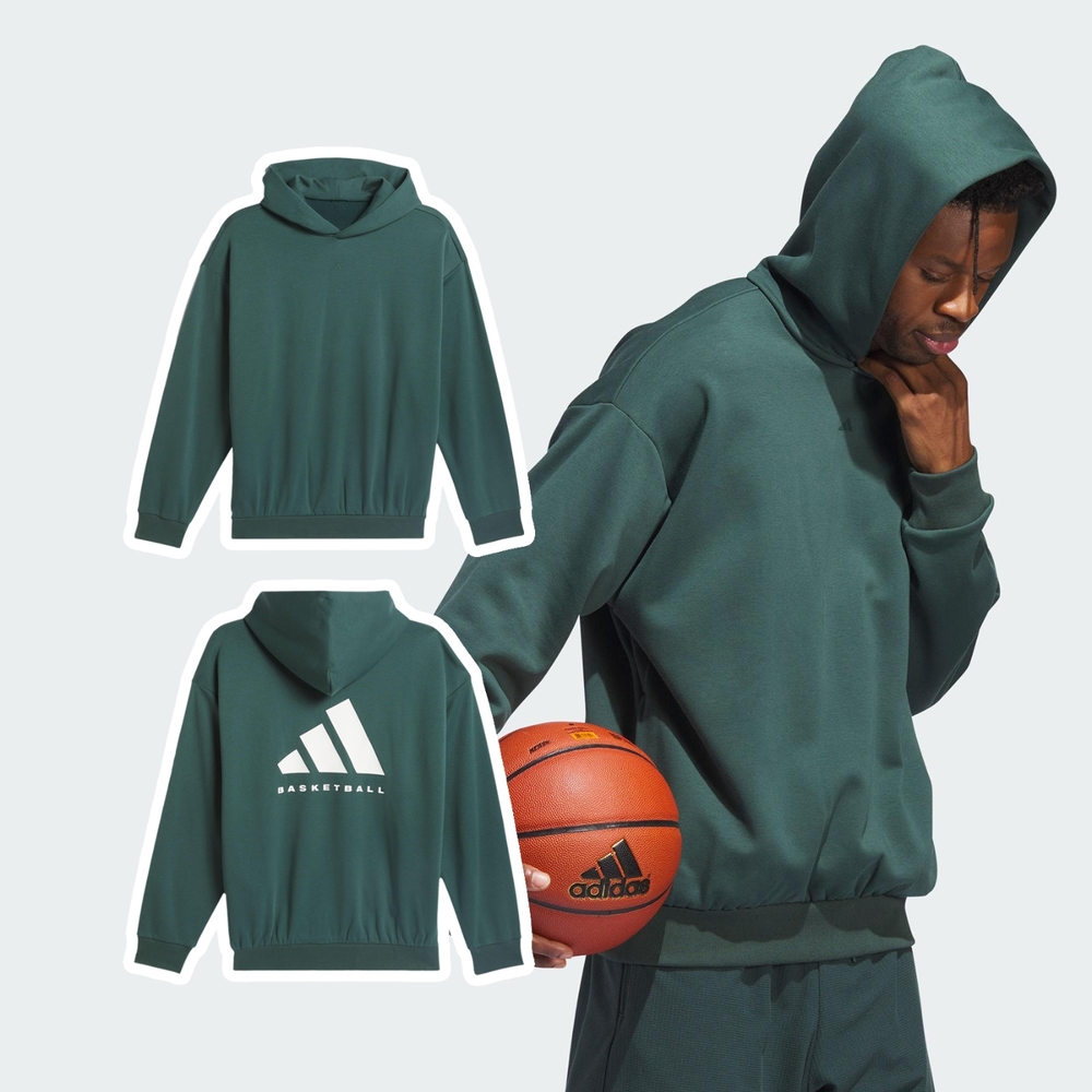 adidas 長袖 Basketball Hoodie 男款 綠 白 保暖 帽T 連帽上衣 拉鍊口袋 籃球 運動 IM8419