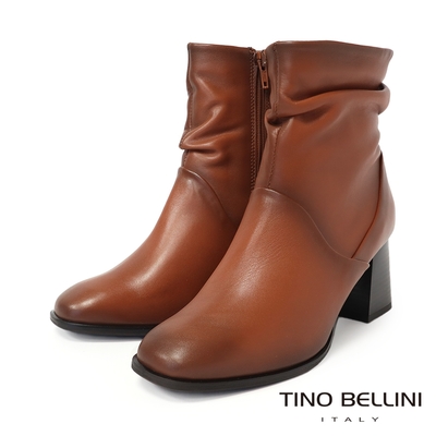 Tino Bellini 波士尼亞進口時尚抓皺粗高跟短靴FWOV025-9(焦糖)