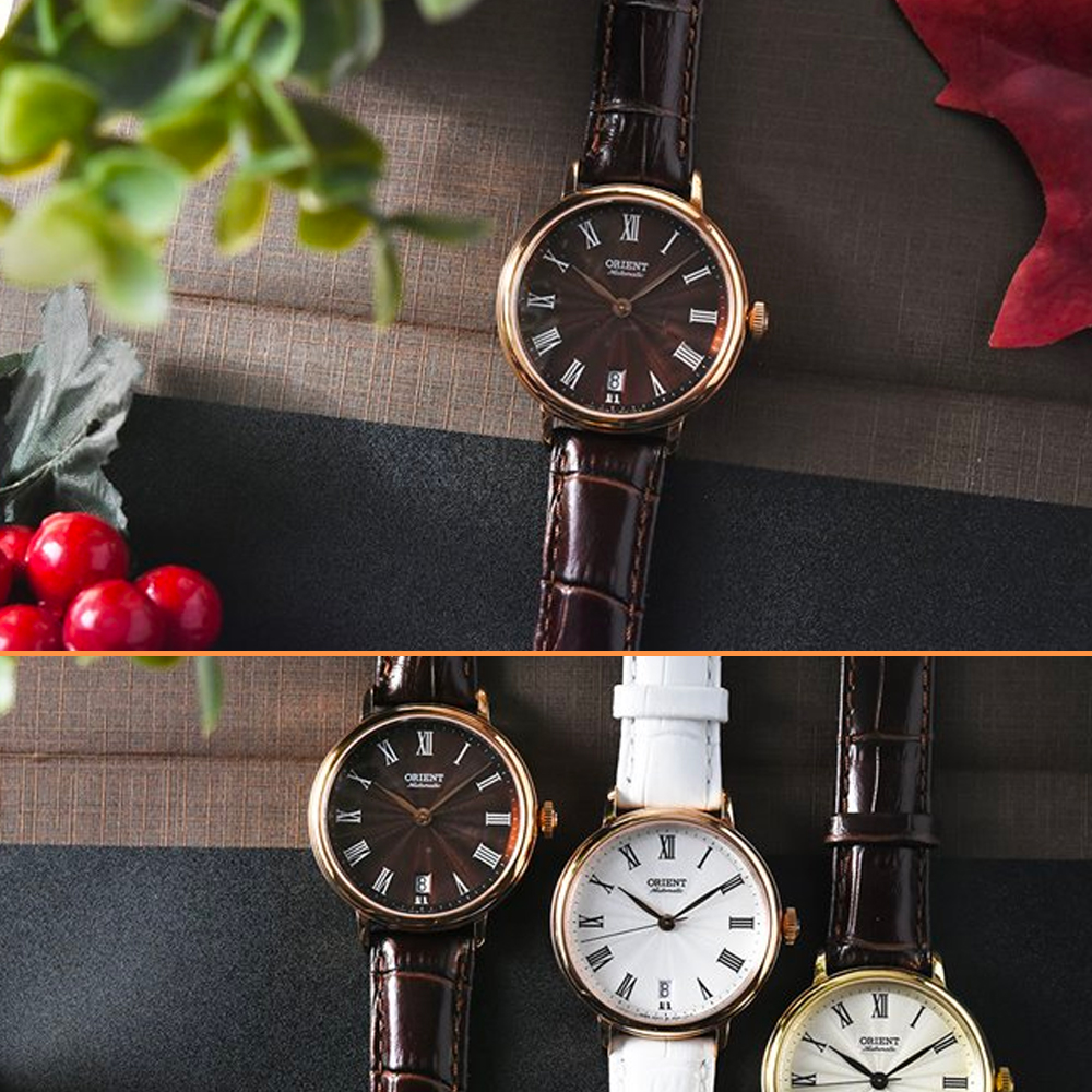 ORIENT 東方錶 ELEGANT 羅馬假期復古機械女錶-咖啡x玫瑰金色框/37.5mm