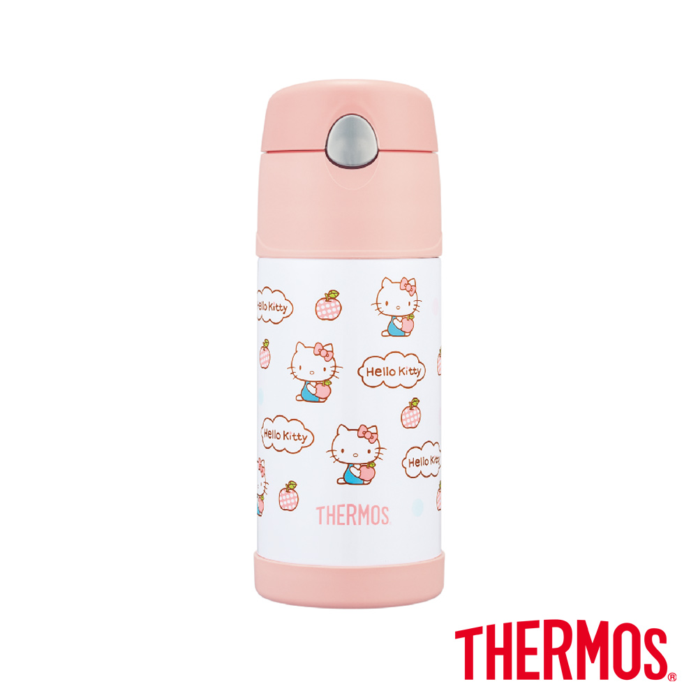 THERMOS膳魔師不鏽鋼兒童水壺吸管真空保冷瓶0.37L(F4004KT6)(HelloKitty蘋果篇)