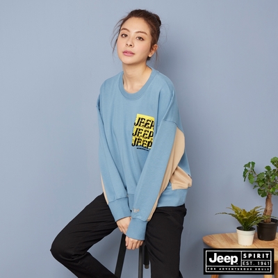 JEEP 女裝 潮流設計寬版長袖大學T-藍色