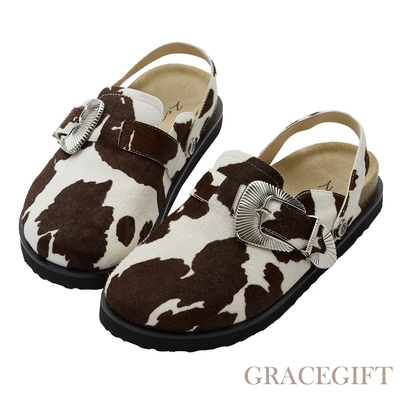 【Grace Gift】李柔聯名-質感真皮馬毛平底懶人鞋 乳牛紋
