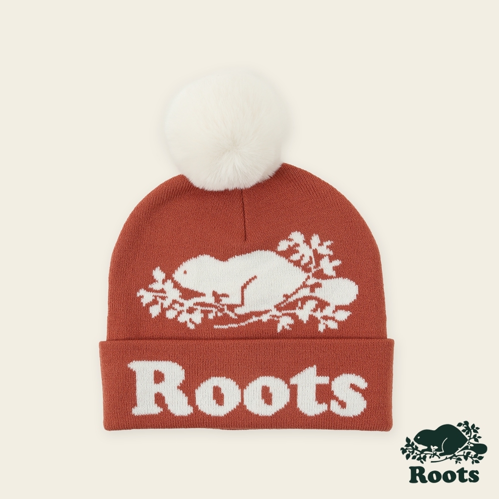 Roots配件-復古翻玩系列 海狸LOGO毛球毛帽-陶土棕