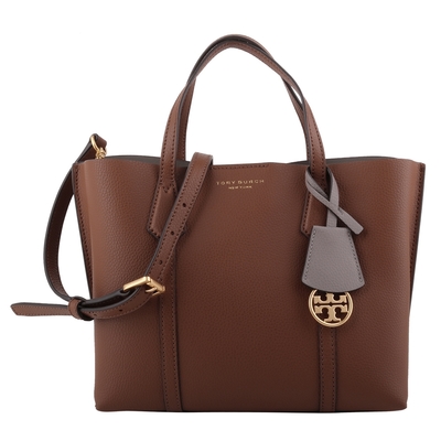 TORY BURCH 金logo吊飾皮革手提/斜背兩用包(駱駝色)小款