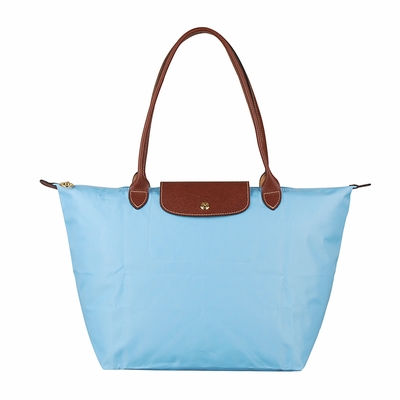 展示品LONGCHAMP LE PLIAGE NEO金字LOGO尼龍長提把拉鍊手提側肩包(大/淡藍)