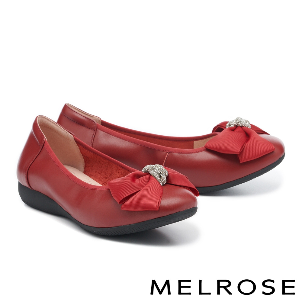 低跟鞋 MELROSE 氣質典雅蝴蝶結鑽飾全真皮方頭楔型低跟鞋－紅 product image 1