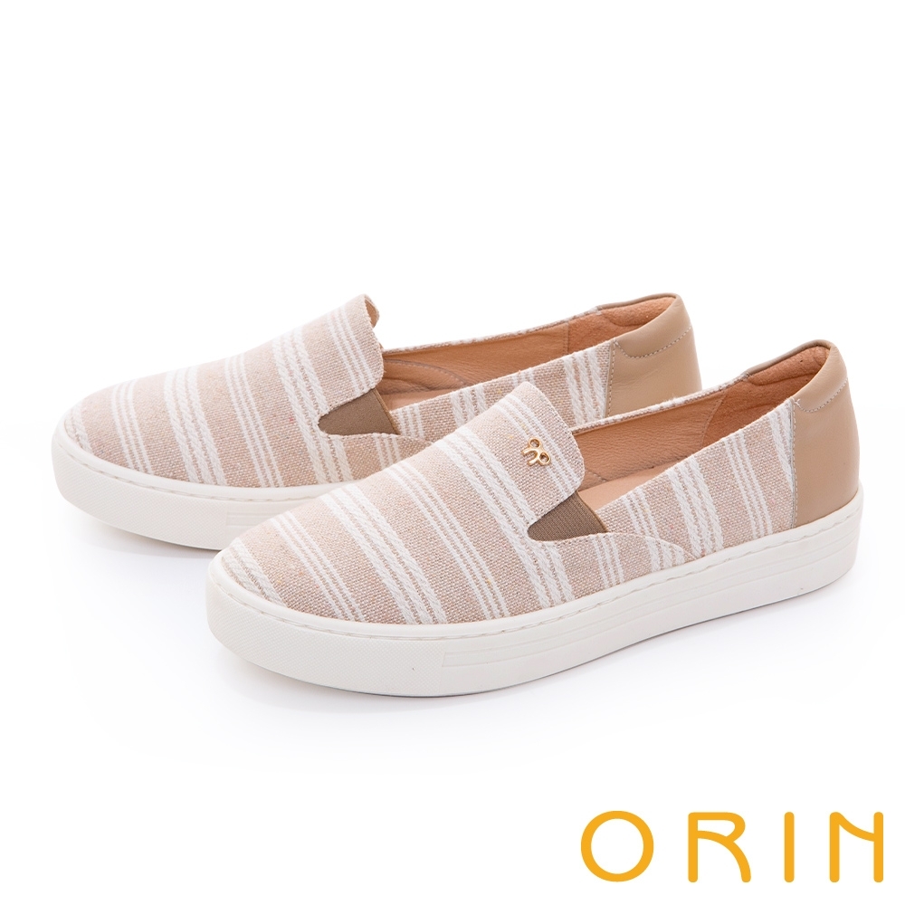 ORIN 造型五金條紋布面平底 女 休閒鞋 粉米