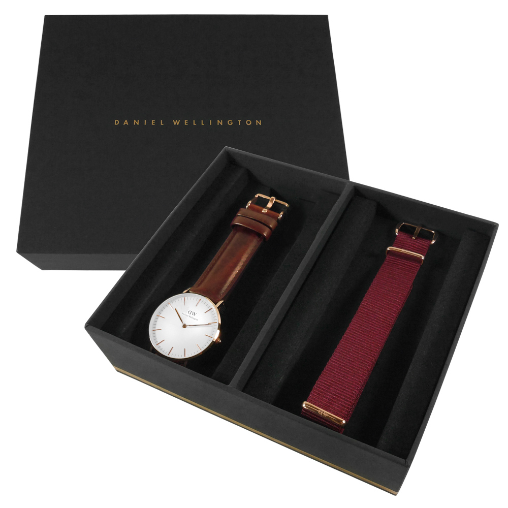 Daniel Wellington 真皮帆布手錶禮盒套組-白x玫瑰金x咖啡/36mm