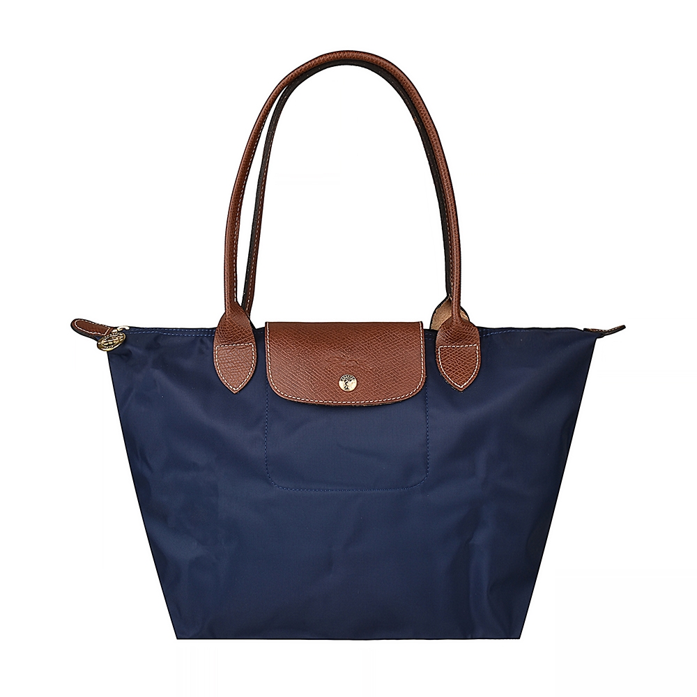 LONGCHAMP LE PLIAGE壓印LOGO尼龍經典摺疊款式長提把拉鍊托特肩背包(小/海軍藍)