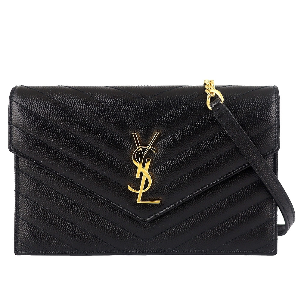 YSL MONOGRAM V型縫線珍珠紋牛皮金屬鏈帶手拿/斜背包(黑色/6卡)