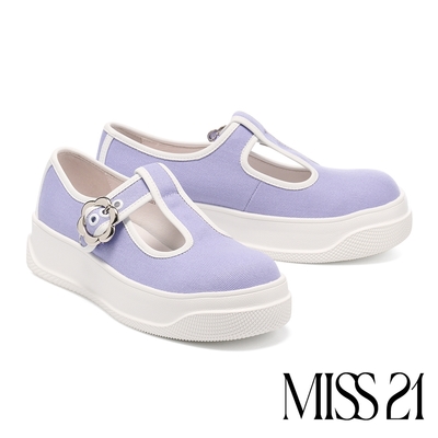 休閒鞋 MISS 21 精緻小花撞色T字帶瑪莉珍大頭厚底休閒鞋－紫