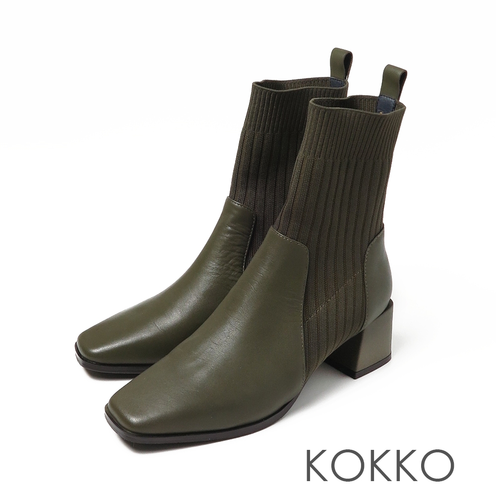 (時尚美靴)KOKKO超平頭針織彈力方塊粗跟貼腿襪靴霧面墨綠