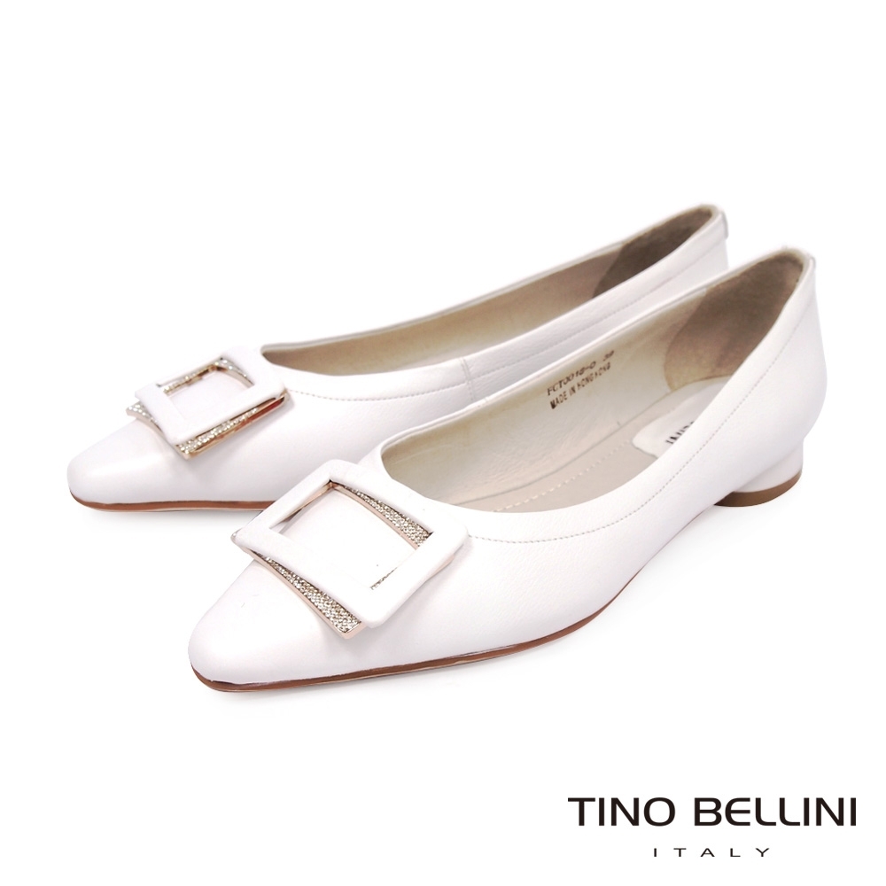 Tino Bellini 全真皮交錯方釦尖楦平底鞋_白