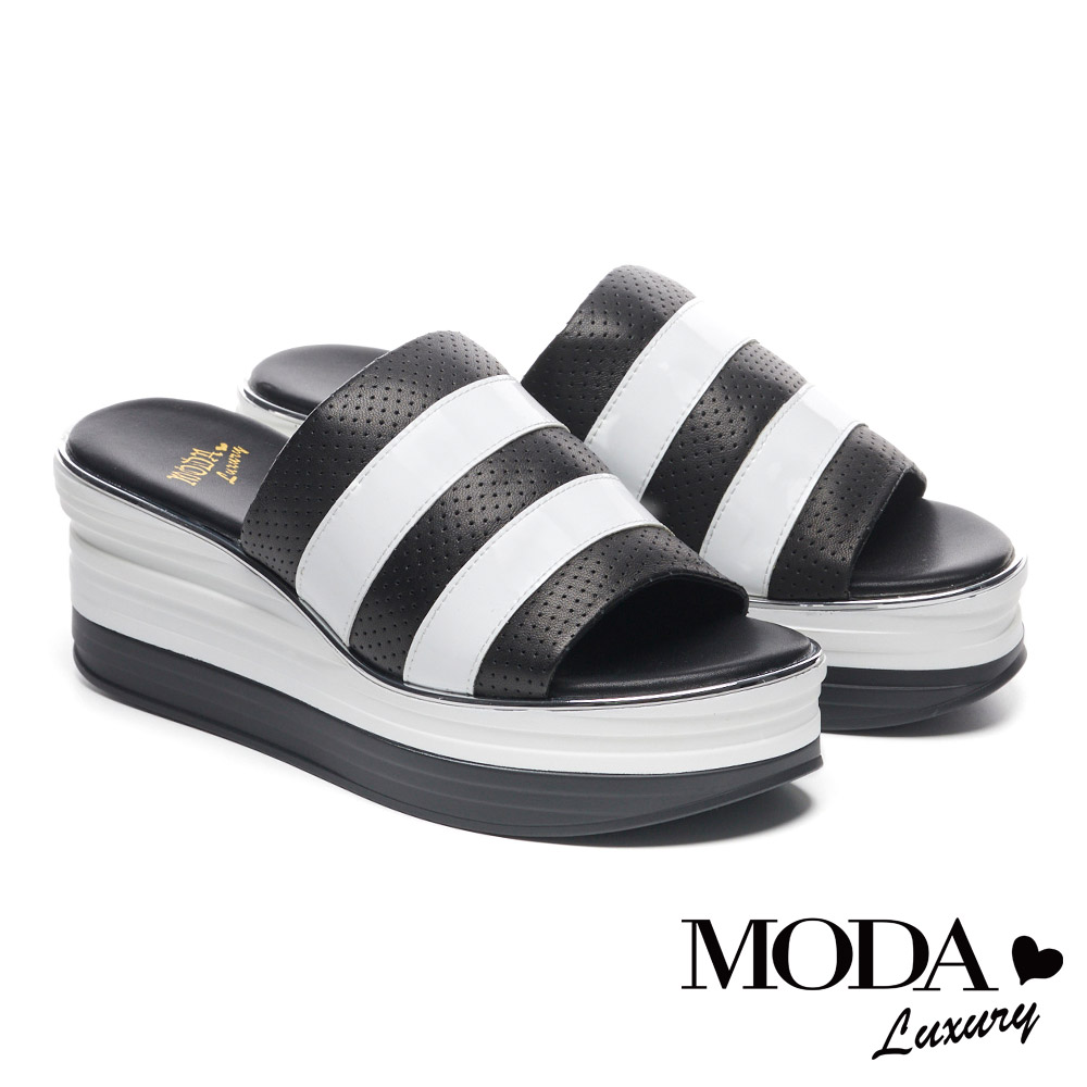 拖鞋 MODA Luxury 百搭俐落撞色異材質楔型厚底拖鞋－黑